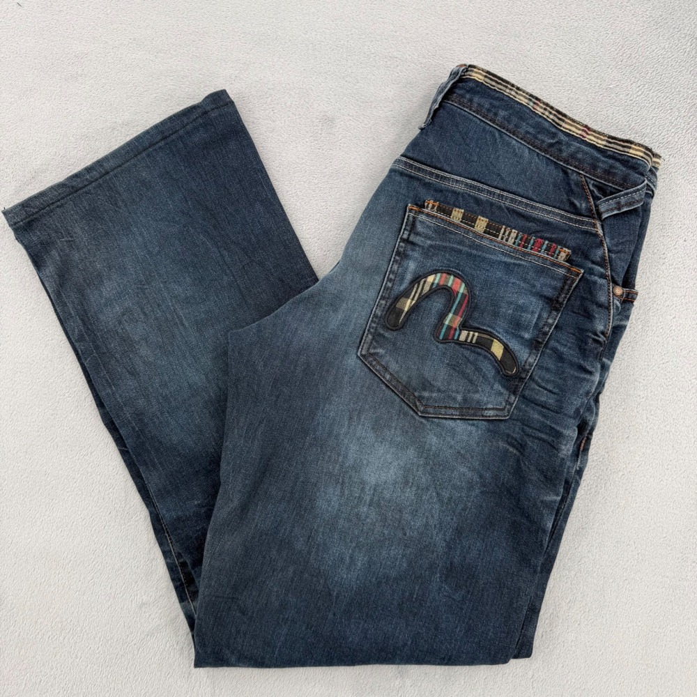 Vintage Evisu Mens31 Distressed Japanese Jeans Plaid Seagull Logo Straight Leg